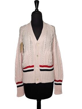 BONNER of IRELAND Women's Cable Knit Cardigan Sweater Medium Pink Striped Preppy